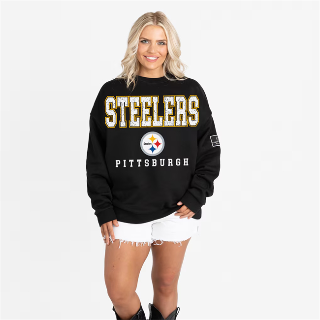 Women's Pittsburgh Steelers Gameday Couture Black Oversized Level Up Black Label Premium Fleece Sweatshirt(Run Small)
